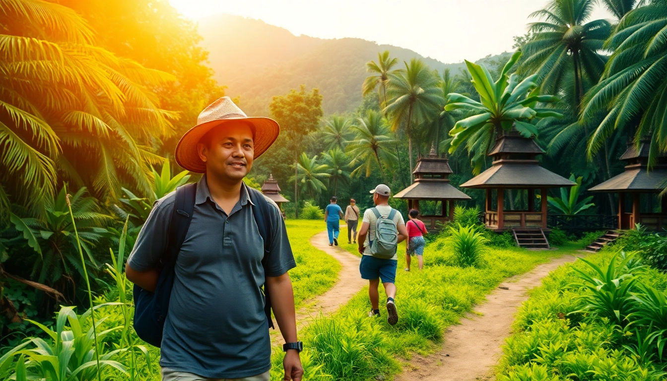 Guide leading travelers through Bali's lush jungle, showcasing natural beauty and adventure.