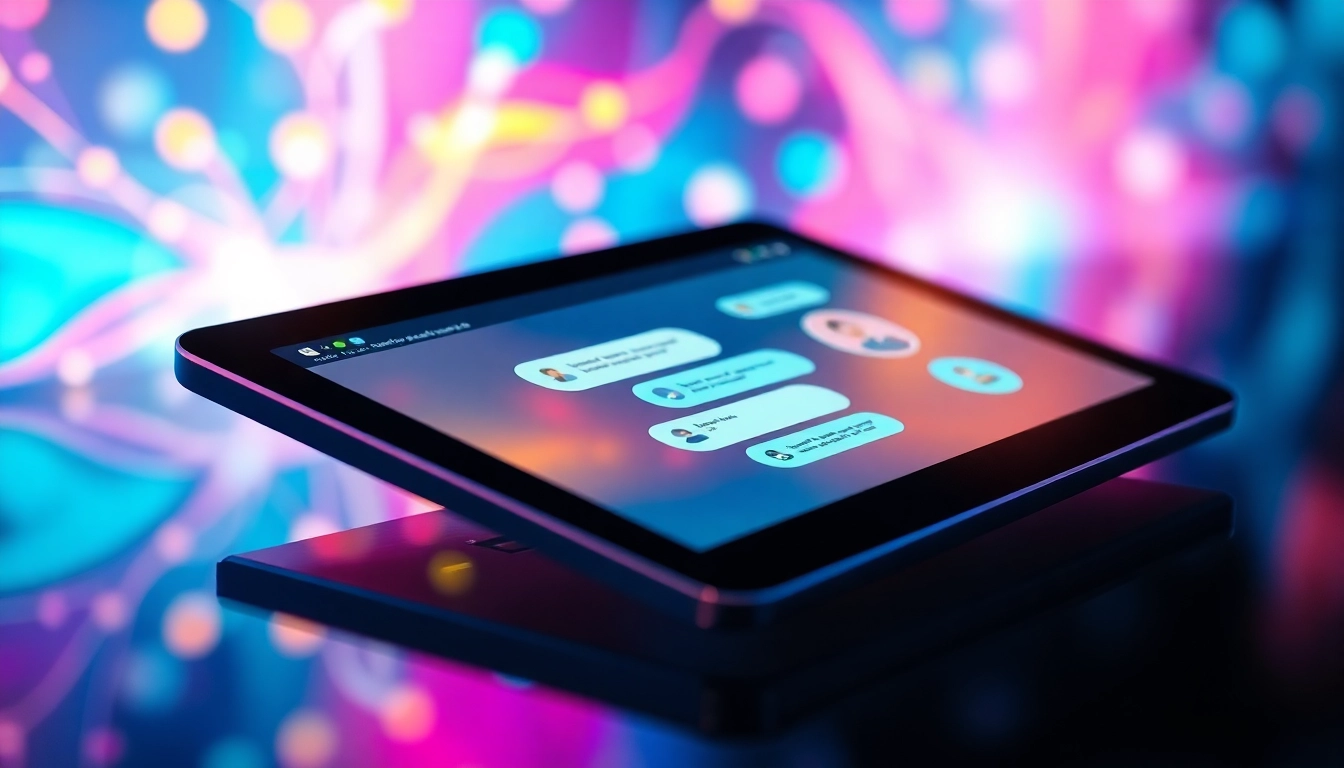 Close-up of a tablet displaying an AI chatbot conversation with colorful digital background and glowing effects.