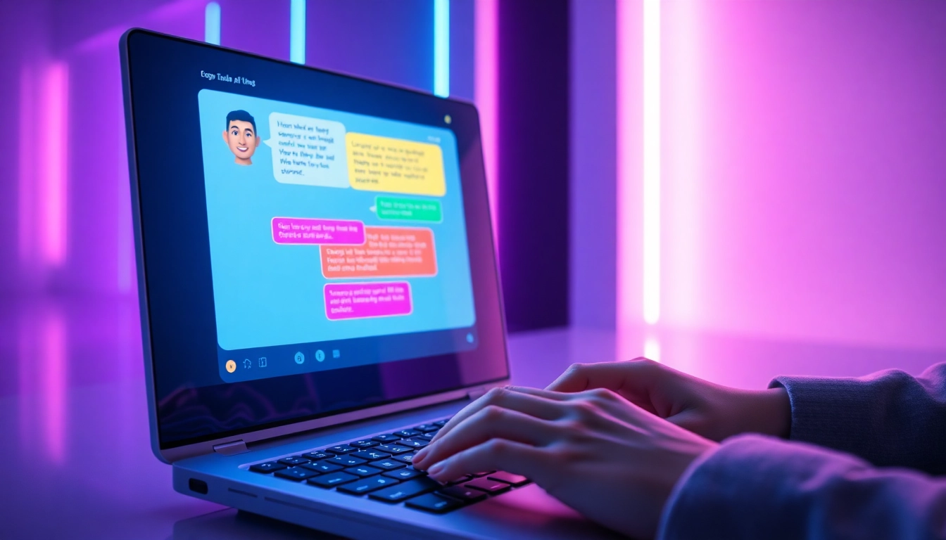 Futuristic digital interface with AI chat window and colorful text bubbles in a modern, neon-lit room.
