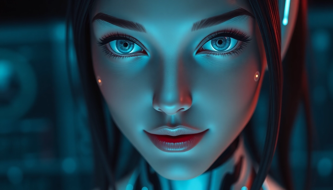 AI girlfriend engaging in a realistic, seductive chat on a sleek digital device with glowing neon elements.