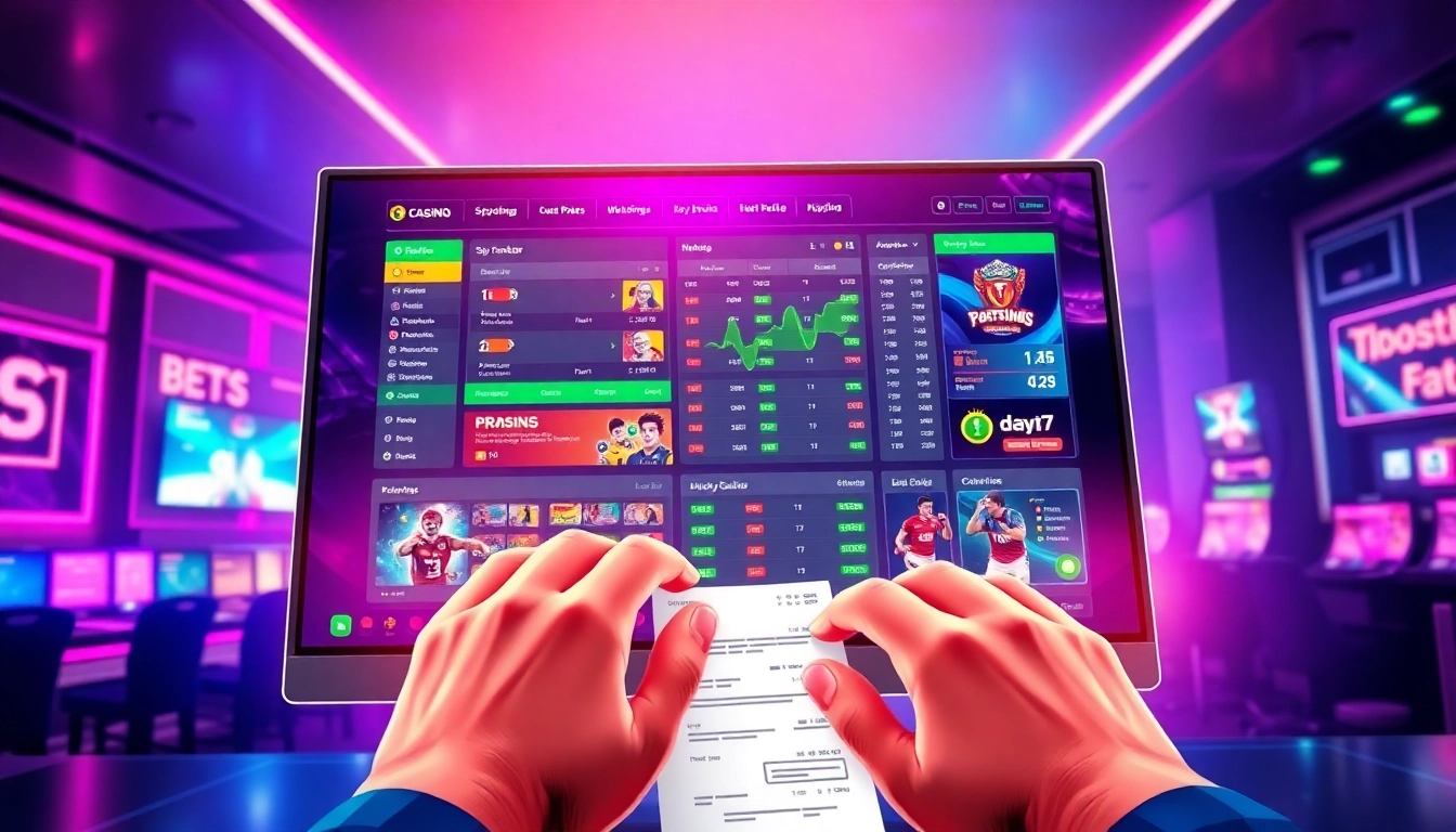 Digital illustration of an online sportsbook and casino interface with vibrant colors and dynamic graphics.