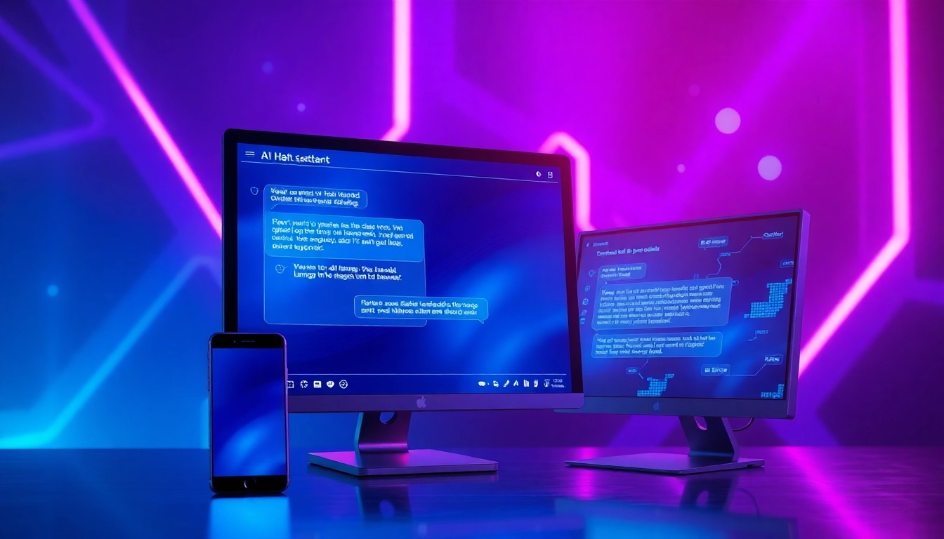 Futuristic AI chatbot interface on modern devices with glowing neon accents.