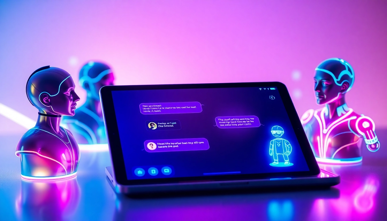 An illustration of a futuristic chat interface on a tablet with glowing holographic AI characters in a high-tech environment.