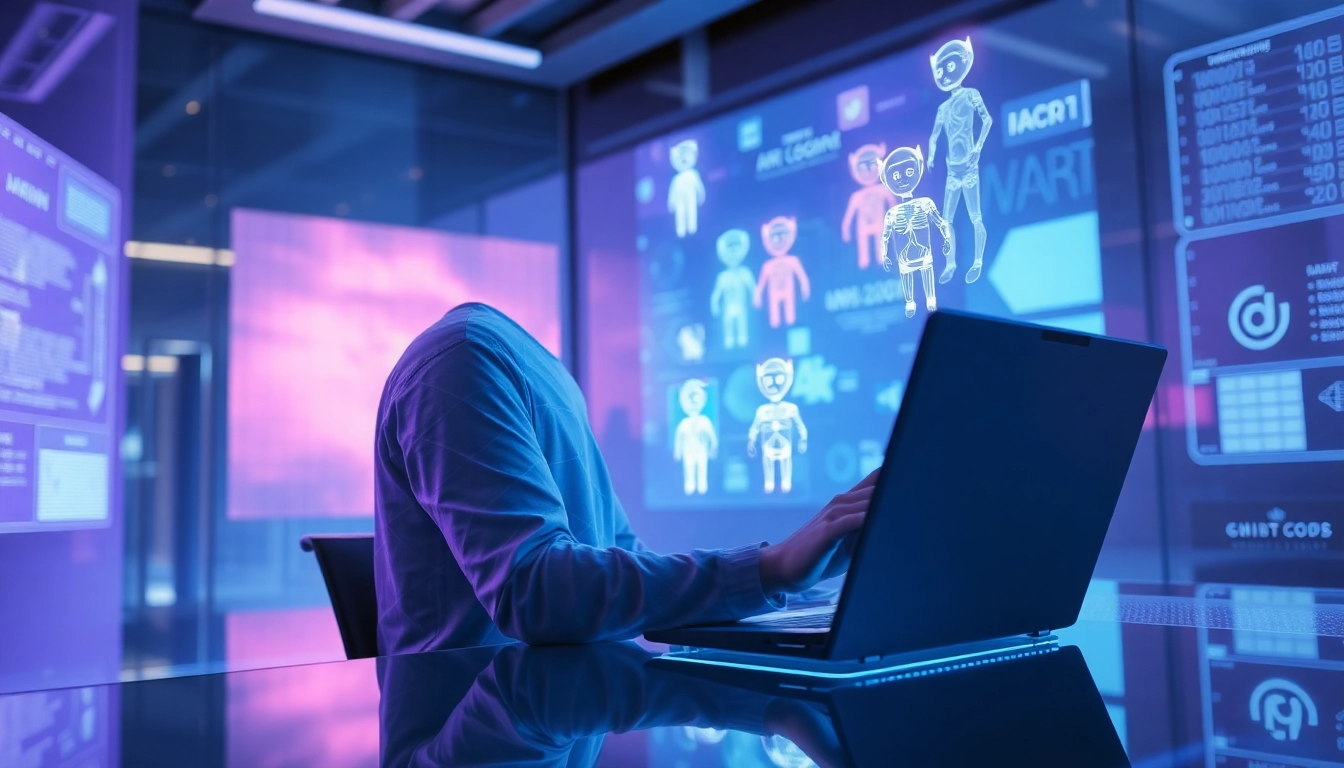 Person interacting with futuristic holographic AI characters on a digital device in a high-tech environment.