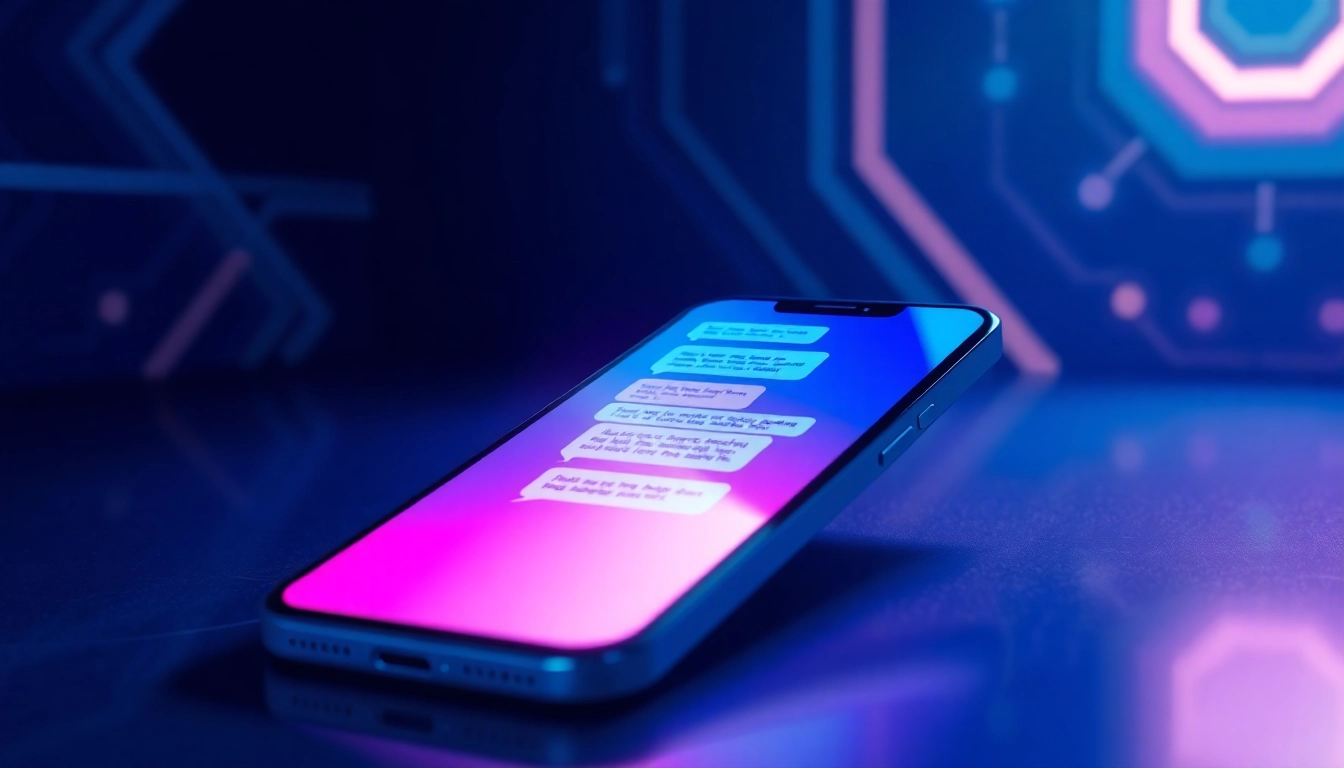 Close-up of a smartphone displaying a colorful chatbot conversation in a dimly lit modern environment.