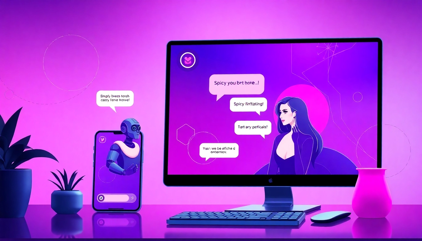 Smartphone and computer screens showing a flirtatious AI chat interface with vibrant colors and engaging characters.