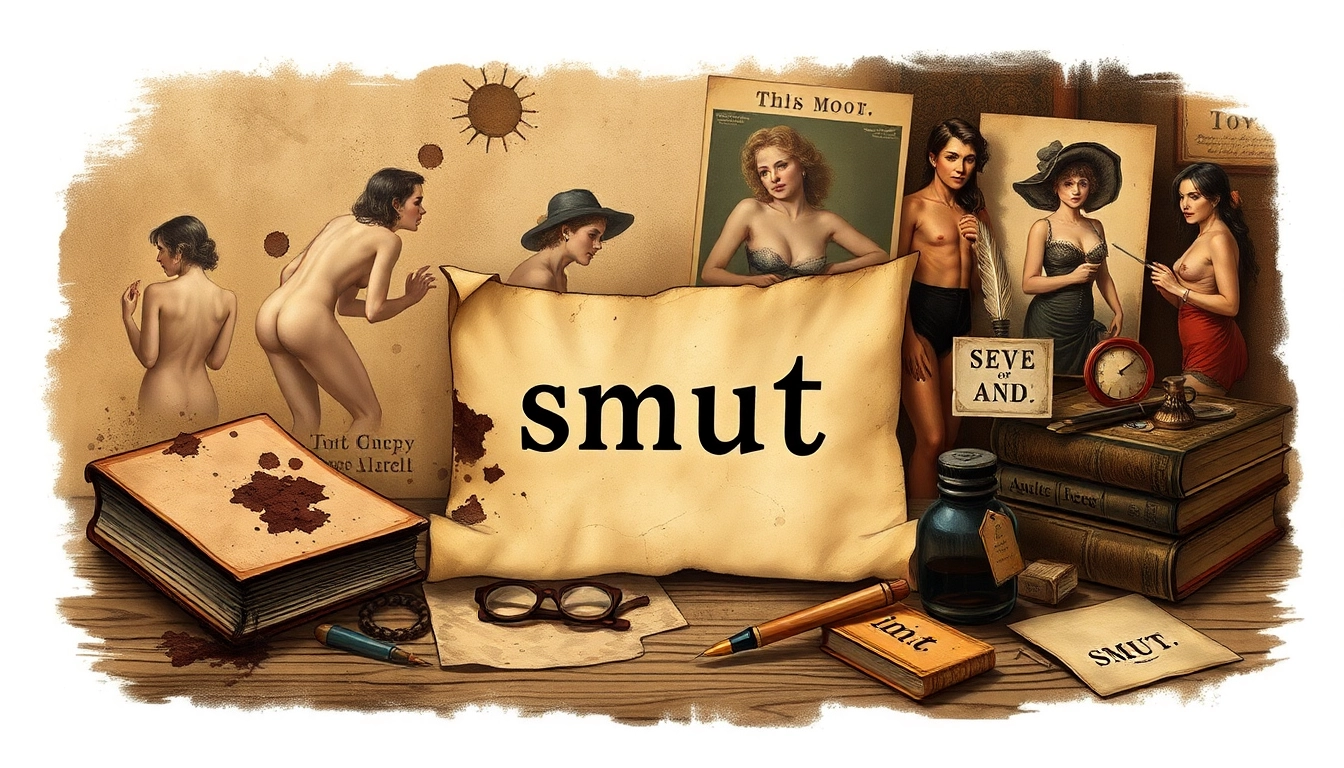 An artistic depiction of the historical evolution of the word "smut" from dirt to adult media, featuring vintage books and documents.