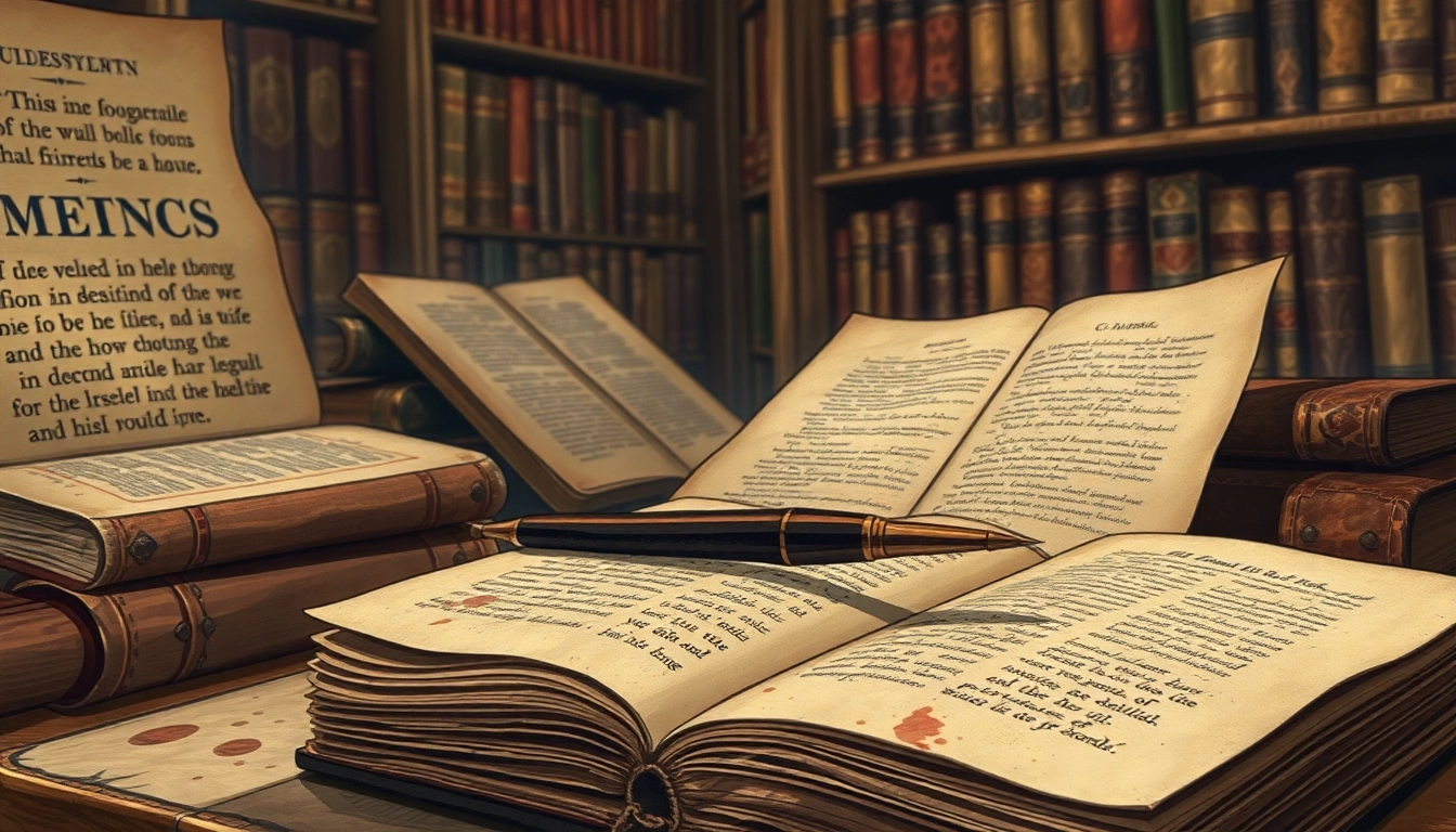 Vintage books and manuscripts with ink stains and a quill pen in warm, sepia tones