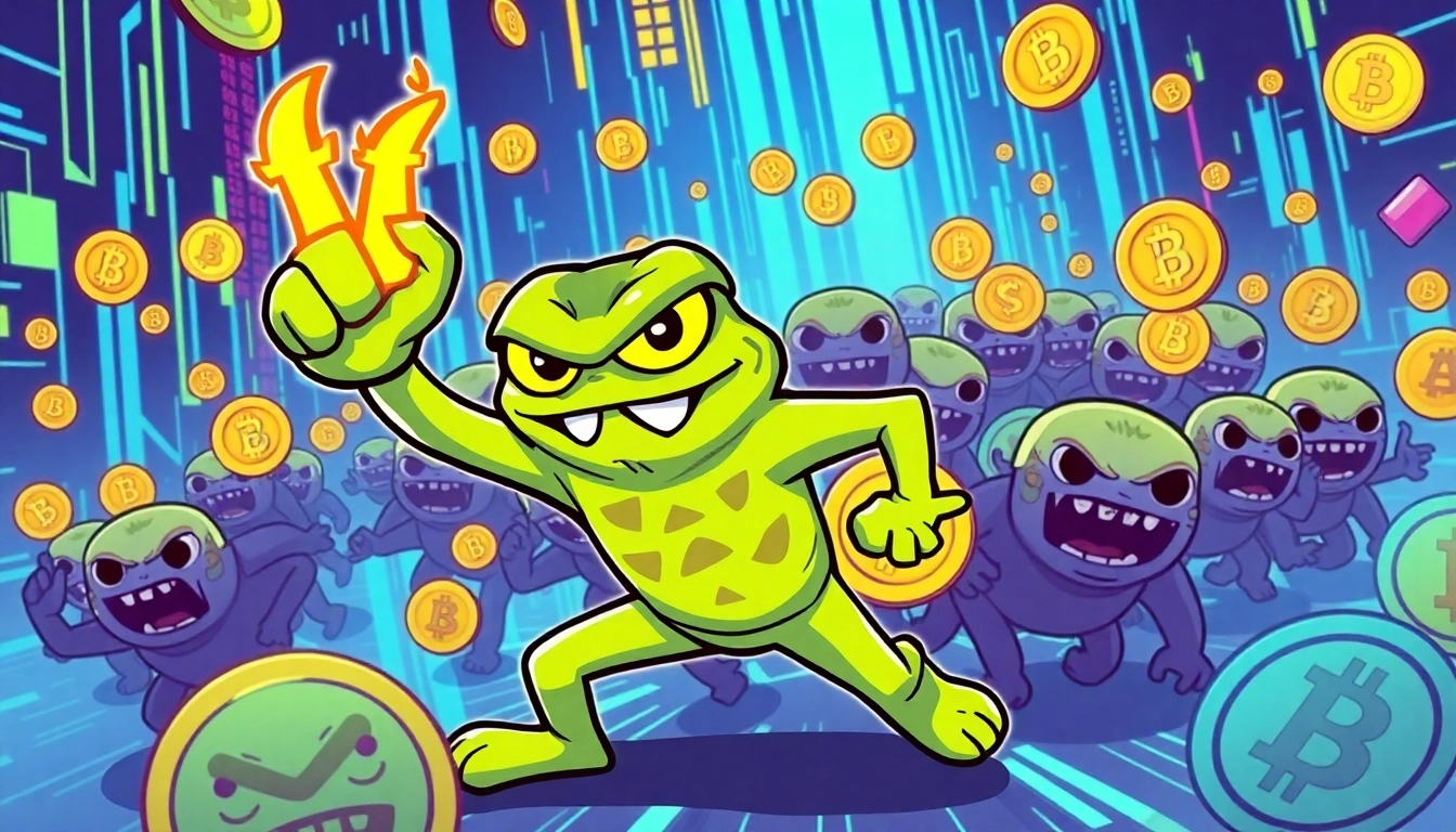 Angry Pepe Fork Army mobilizing in vibrant cartoon style with blockchain elements for crypto