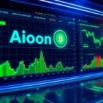 The aicoin logo displayed on a high-tech digital dashboard with dynamic market charts and