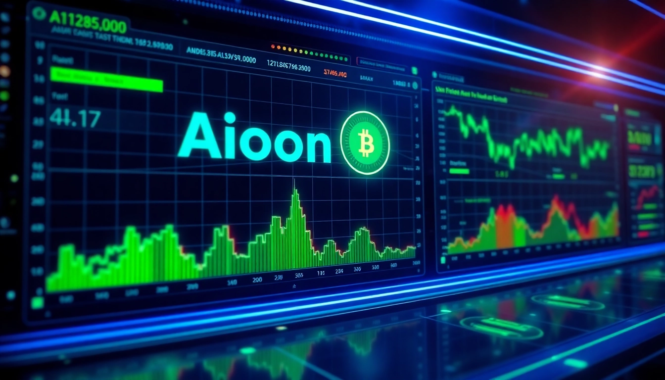 The aicoin logo displayed on a high-tech digital dashboard with dynamic market charts and