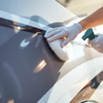 Professional technician applying Wohnmobil Politursiegelung to enhance camper van shine and